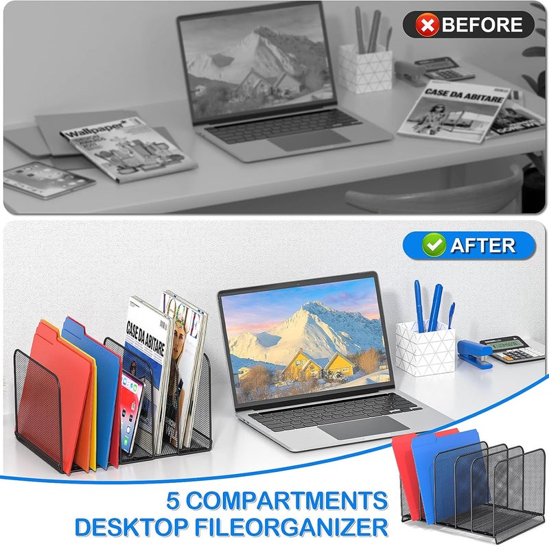 TCJ 5 Sections Desk File Holder/Rack/Sorter,Mesh File Organizer,File Folder Organizer,Metal Upright Desktop Organization for Documents,Magazine,Kitchenware,Antiskid,Antirust,Sturdy,2 Packs - Image 2